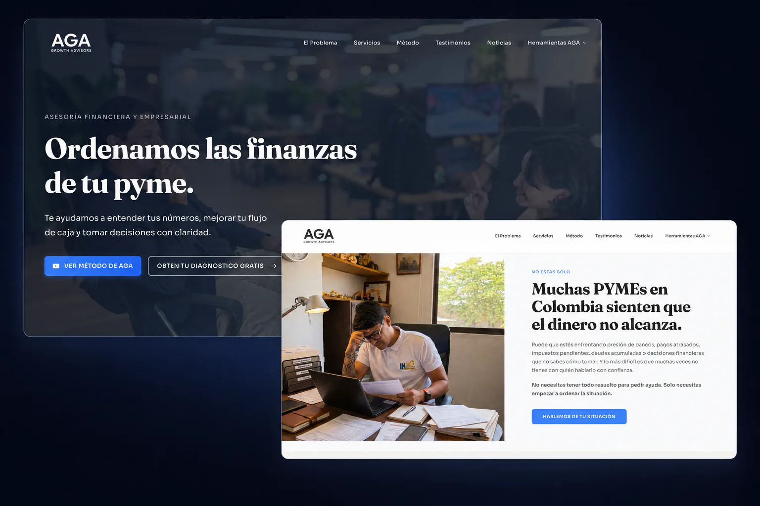 Vistas del sitio web de AGA Growth Advisors.