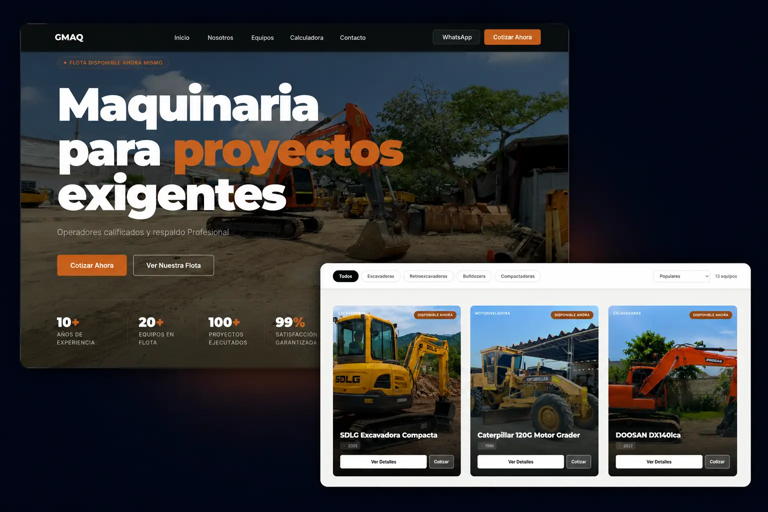 Vistas del sitio web de G Maquinarias: inicio y catálogo de equipos.