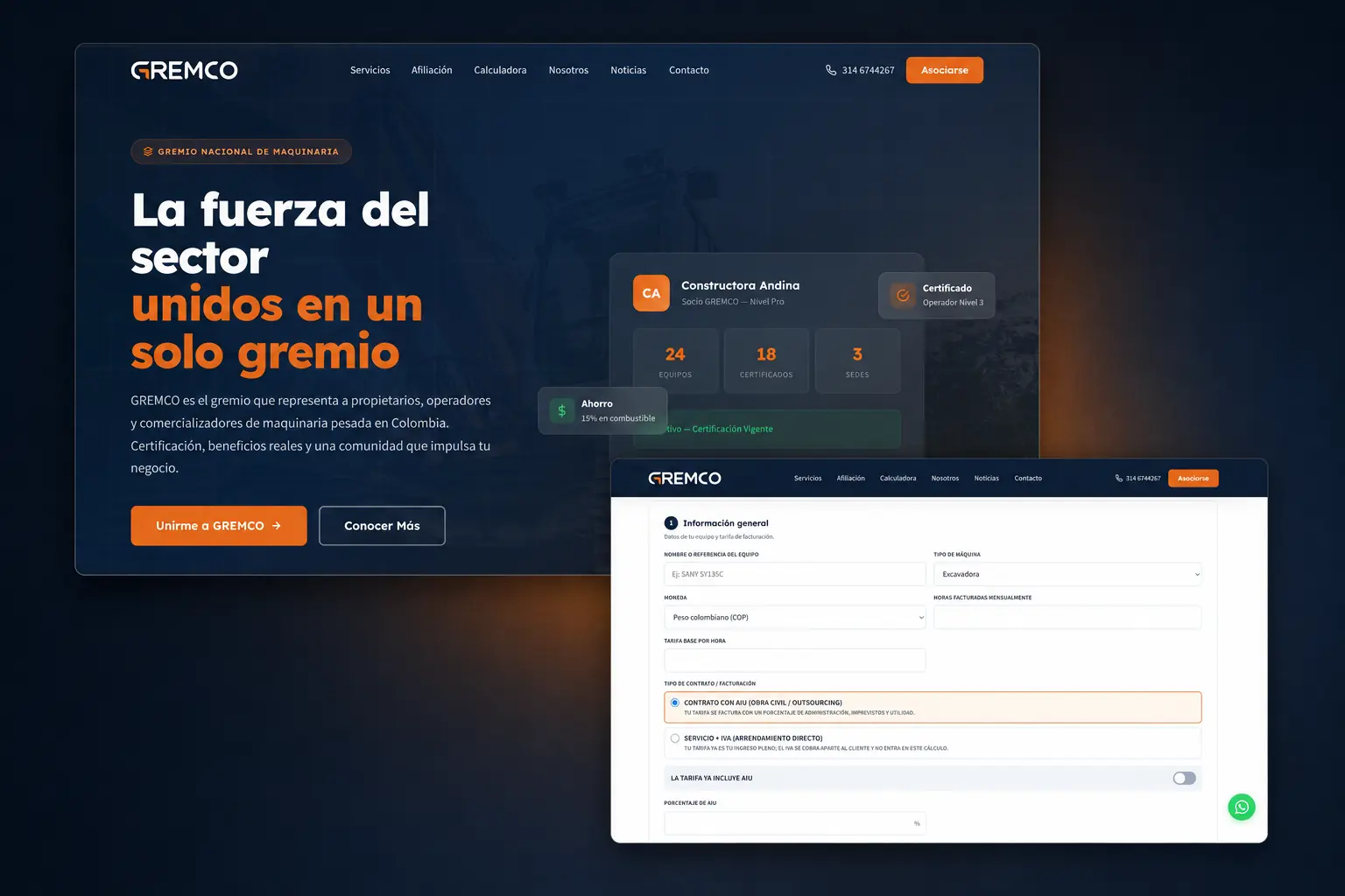 Vistas del sitio web de GREMCO: página de inicio y calculadora.