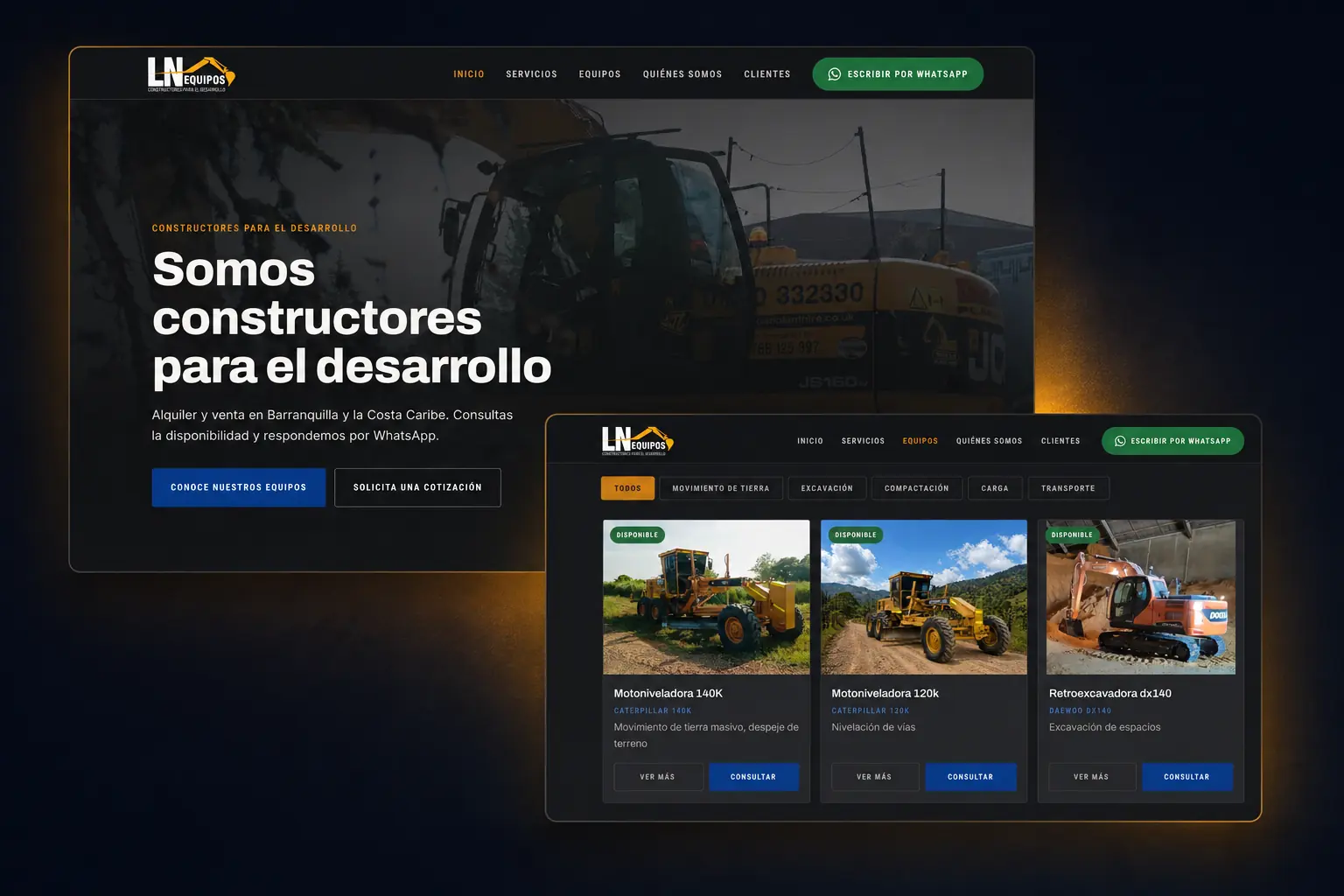 Vistas del sitio web de LN Equipos: inicio y catálogo de maquinaria.